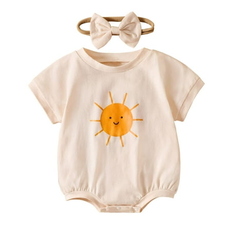 

DREAM BUS Newborn Infant Baby Girl Clothes Cotton Short Sleeve White Crew Neck Rompers Bodysuit Onesie Headband 3-6 Months