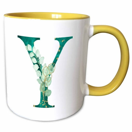 3drose Elegant Green Monogram Initial Y with Eucalyptus Leaves 15oz Two-tone Yellow Mug