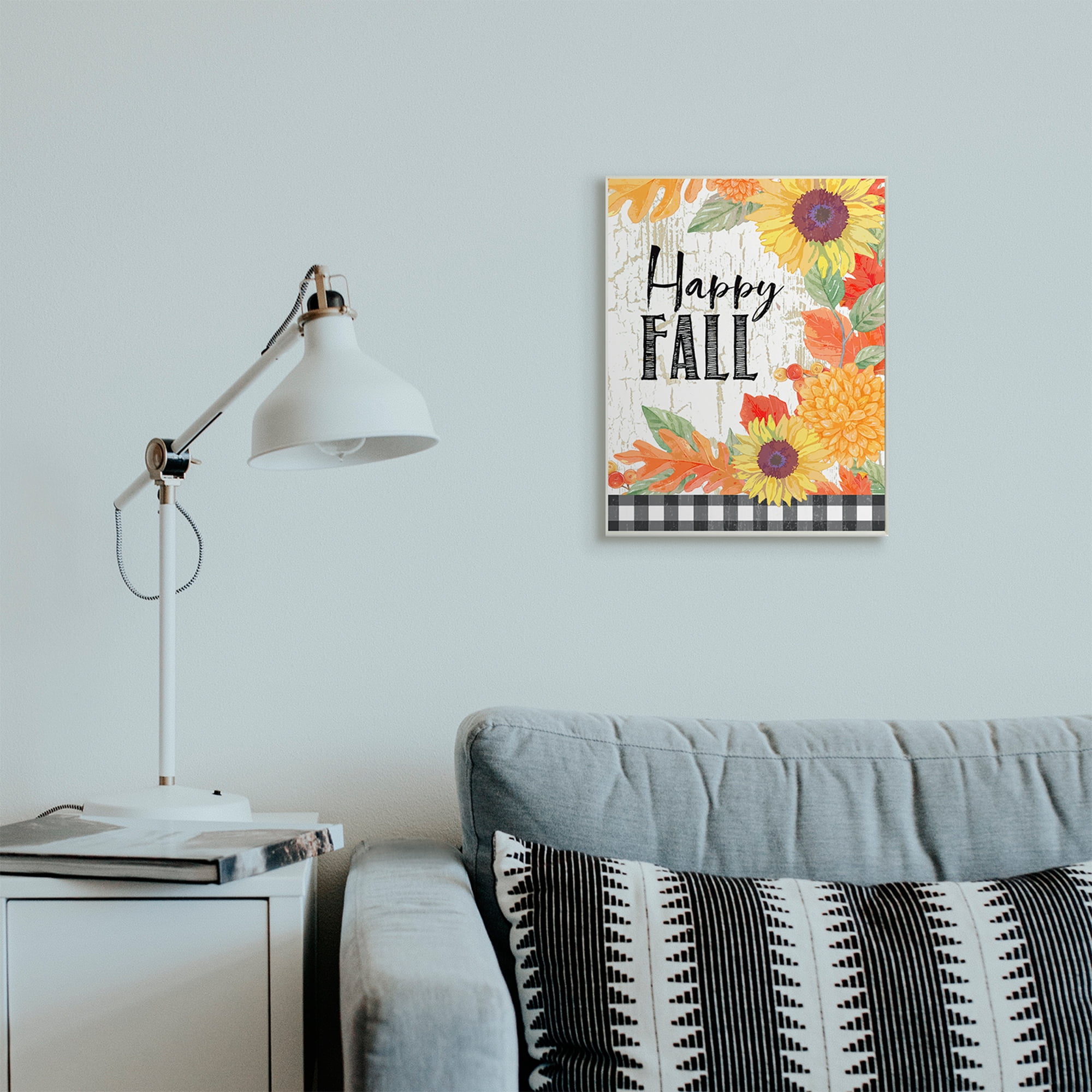 Stupell Industries Happy Fall Phrase Checkered Plaid Sunflower Floral Landscape Painting Wall Plaque Art Print Wall Art, 13 x 19