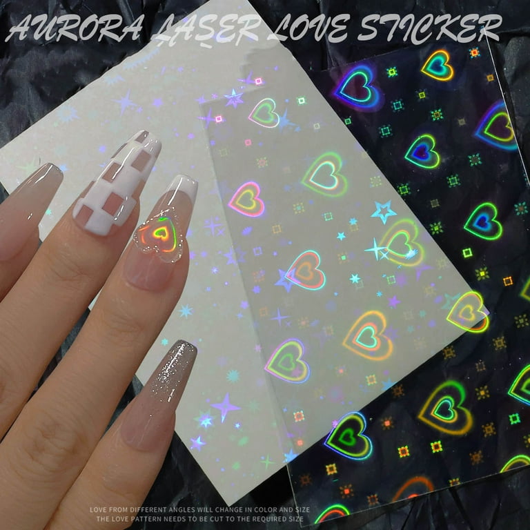 Love Heart Nail Stickers Decals Holographic 3D Star Nail Glass Reti Color  Street Lot Nail Tape Strips for Design Adhesive Press on Nail Display  Strips Stickers for Nails Heart Rhinestones for Nails 