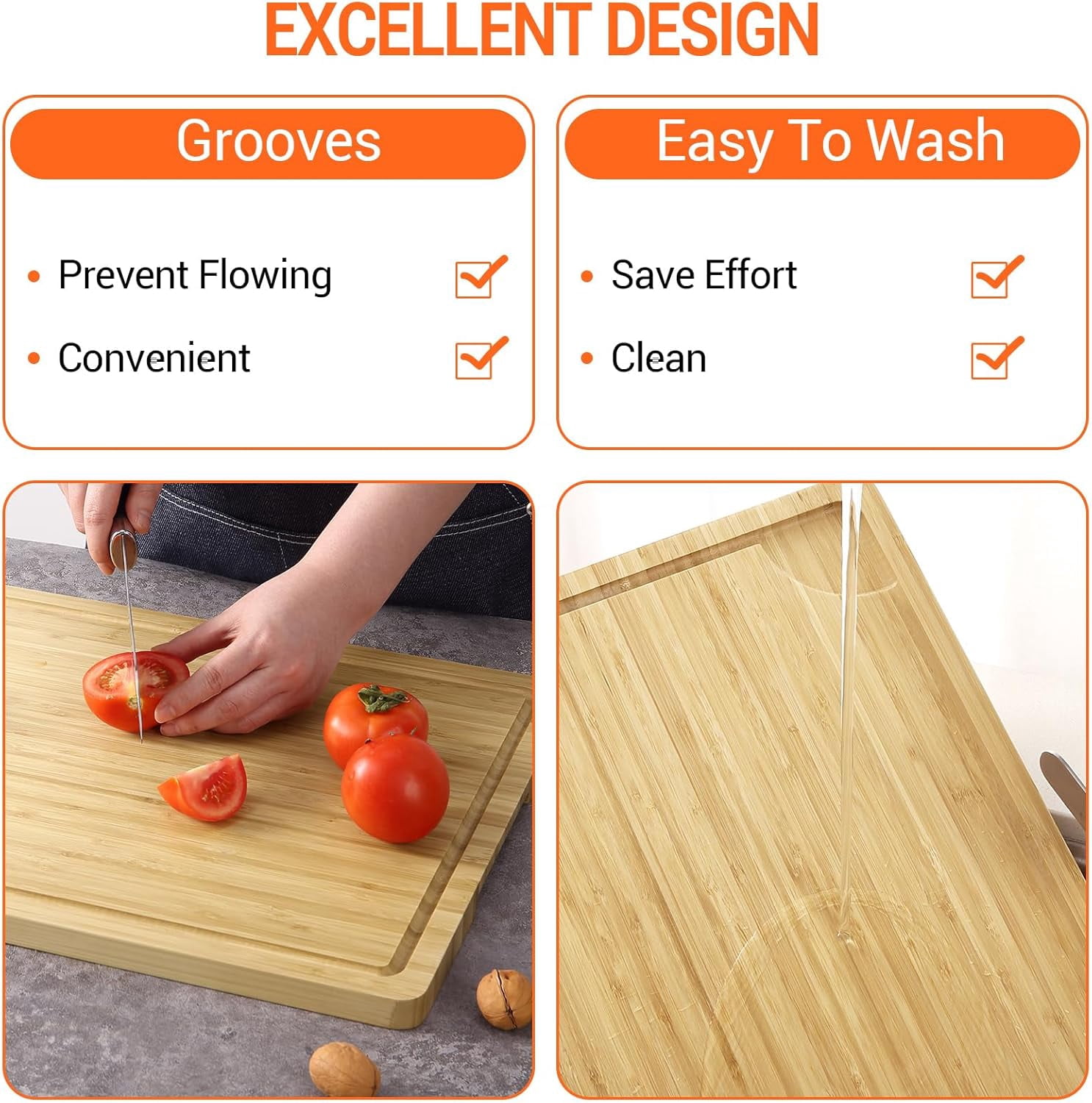Twister.CK Large Cutting Board for Kitchen, 20 x 14 Inch Bamboo Wood Butcher Chooping Board with Juice Groove, Reversible Cheese Board Charcuterie Serving Tray