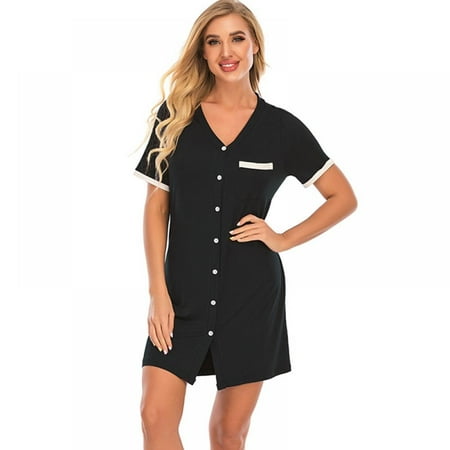 

Nightgowns For Women Button Down Pajamas Dress Short Sleeve Sleepwear S-XXL