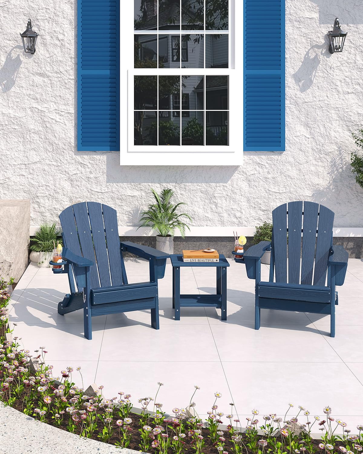 Folding Adirondack Patio Chair, All-Weather HDPE Outdoor Chair with Wooden Texture and Cup Holder, Weather Resistant, Lawn Chair for Garden, Deck, Fire Pit, Navy Blue