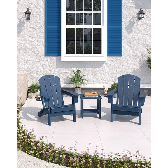 All-Weather Folding Adirondack Chair – HDPE Plastic Patio Chair with Cup Holder, Wood Grain Texture, Rainproof & Water-Resistant, Ideal for Garden, Deck, Fire Pit – Embossed Wood Grain