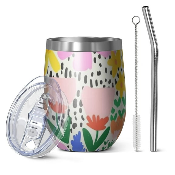 12oz Stemless Wine Tumblers Pioneer Flower Vacuum Insulated Stainless Steel Travel Tumbler Cups Mug with Lid and Straw for Champaign,Cocktail,Beer with Cleaning Brush