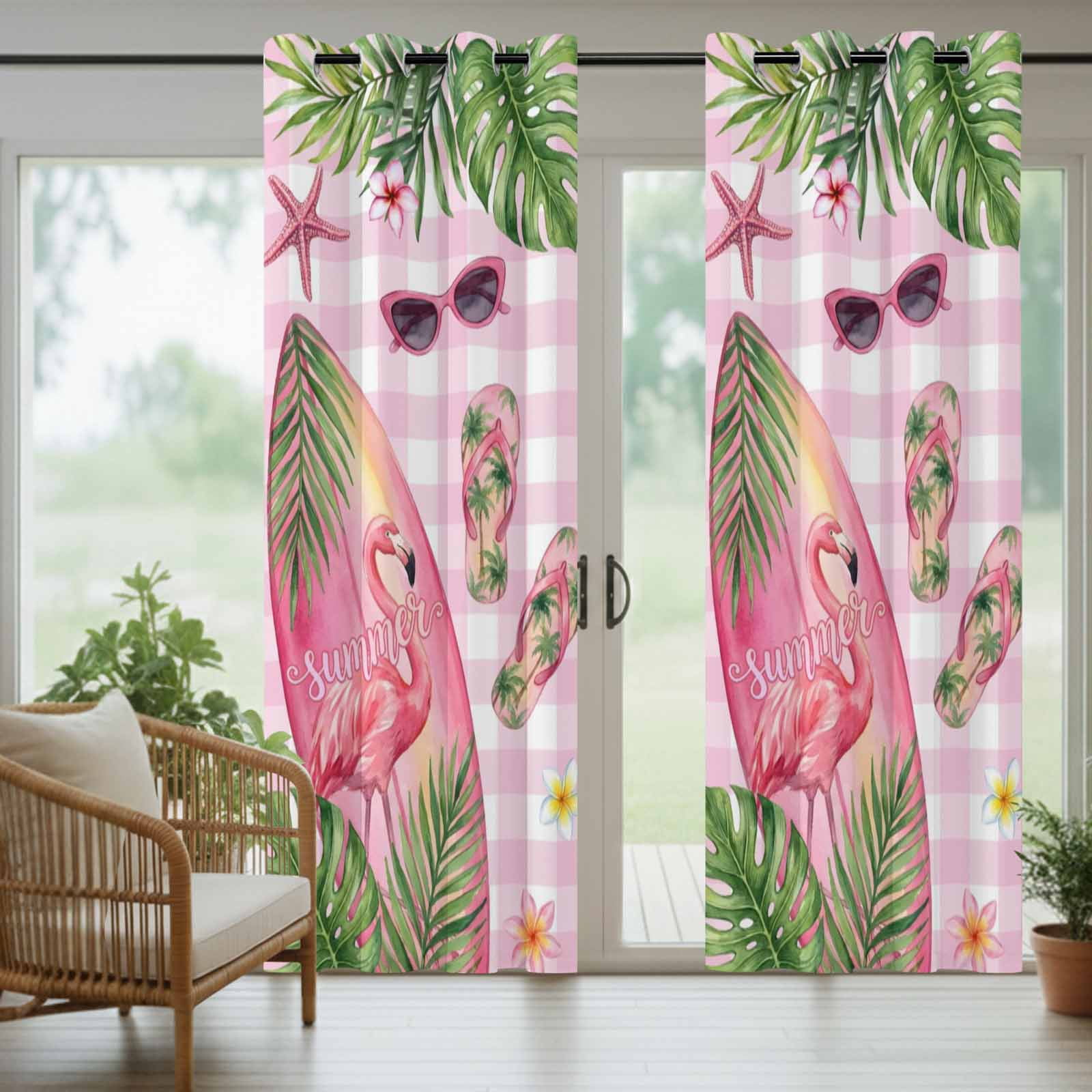 Summer Ocean Surfboard Outdoor Curtains for Patio, Beach Slippers Flower Palm Leaf Pink Plaid Sunshade Privacy Drapes Grommet Waterproof Outside Curtains for Porch/Cabana/Balcony 54"x 108", 1 Panel