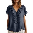thumbnail image 3 of Craaazy Women Plus Size Tops Loose Fit Solid Color V Neck Ruffle Placket Short Sleeve Cotton T Shirts for Daily Wear Gift, 3 of 9