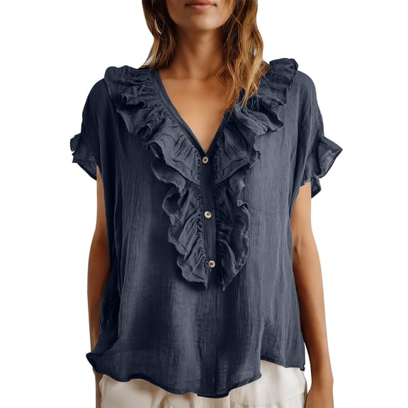 hotojiny Womens Blouses Dressy Casual Ruffle Short Sleeve V Neck Tops Summer Loose Work Shirts Beach Vaction Clothes