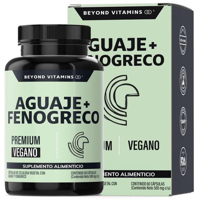 aguaje + fenogreco 1000mg en un mismo producto beyond vitamins | premium | cápsulas aguaje | aguaje gomitas bbl - vitaminas mujer / hombre - 60 cápsulas veganas Frontal view of a mint-green labeled Beyond Vitamins bottle with matching box, bold 'AGUAJE + FENOGRECO' title, 'PREMIUM' and 'VEGANO' badges, stylized aguaje fruit icon, black screw cap and label text showing 60 cápsulas veganas y suplemento alimenticio on a plain white background.
