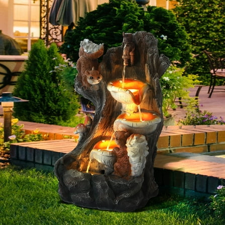 Magic Union Outdoor Water Fountain, Garden Decor Outside Indoor Waterfall Cascading Rock Fountain with Retro Decorative Faucet, Patio Resin Fountains for Yard, Deck, Porch and Home, Imitation Stump