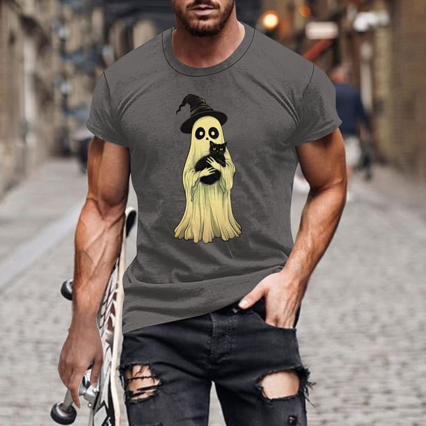 Blusas y camisas de manga corta y cuello redondo para hombre. Blusas/camisetas de manga corta con cuello redondo y estampado de Halloween para hombre. Blusa para hombre.