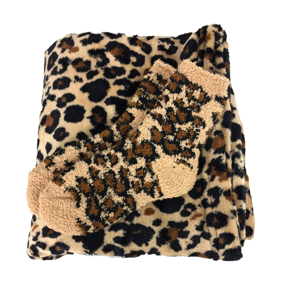 Cozy Fleece Blanket & Fuzzy Socks Gift Set, Leopard