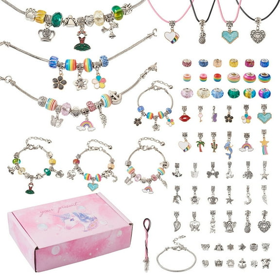 DIY Europen Bracelet Necklace Making Kit Including Angel & Heart Resin & Glass European & Clay Rhinestone Beads Alloy Beads & Dangle Charms Brass Bracelet & Waxed Cord Necklace Making 73pcs/box