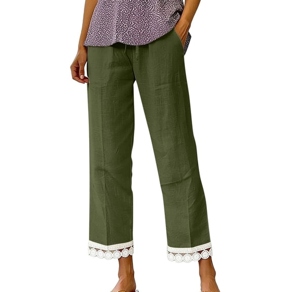 VEKDONE Women's Straight Trousers with Pockets High Waist Drawstring Loose Fit Anlke Pants Fashion Lace Trim Hem Long Pants Army Green L