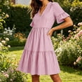 thumbnail image 6 of Miluxas Women's Summer Striped Mini Dress Tiered Ruffle Short Sleeve V Neck T-Shirt Dresses Casual Loose Fit A Line Going Out Dress with Pockets Pink, 6 of 9