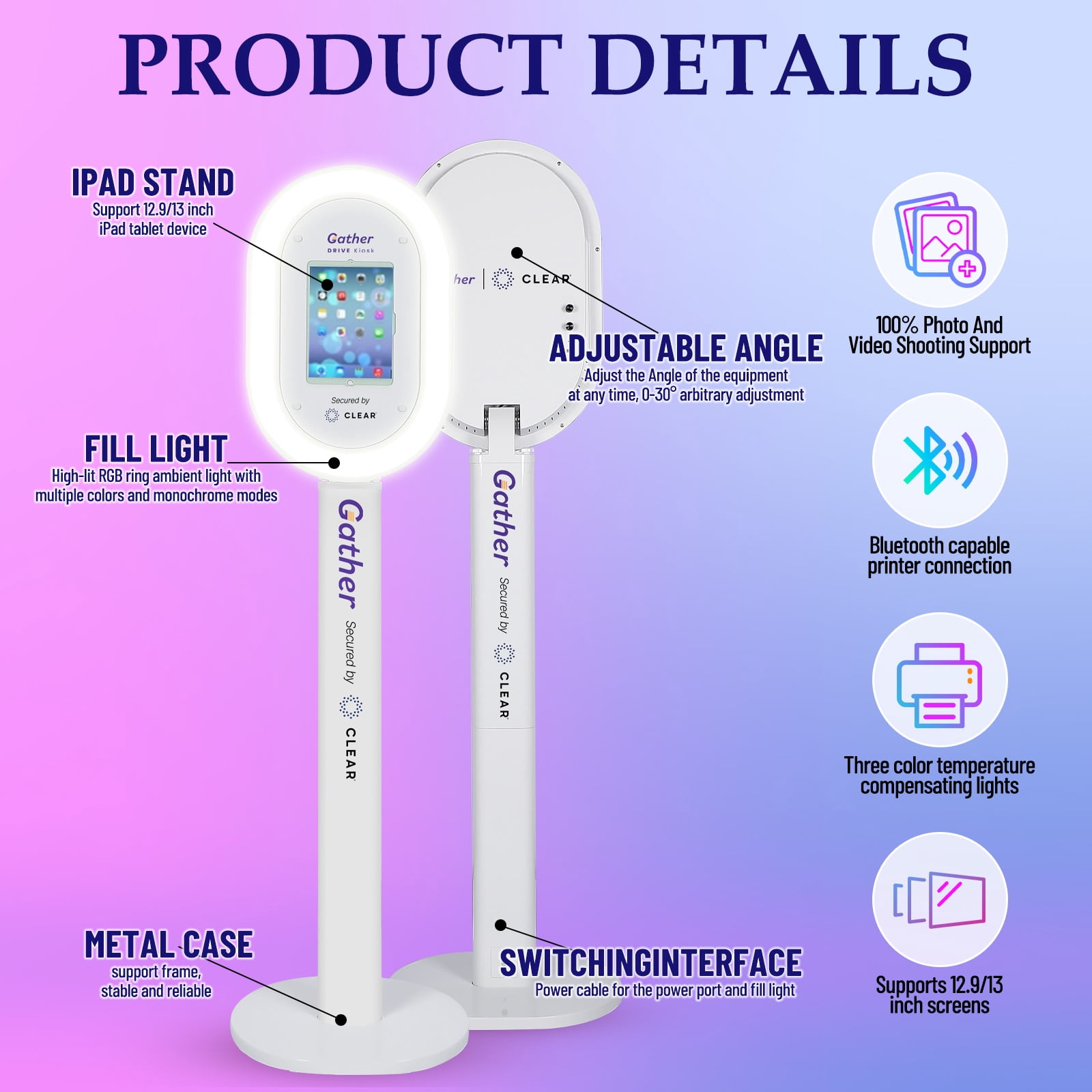 iPad Photo Booth Stand with White Ring Light, Selfie Station Kiosk for 12.9" & 13" iPads, Stable No-Wheel Floor Stand for Weddings, Parties, Corporate Events, Tablet Not Included