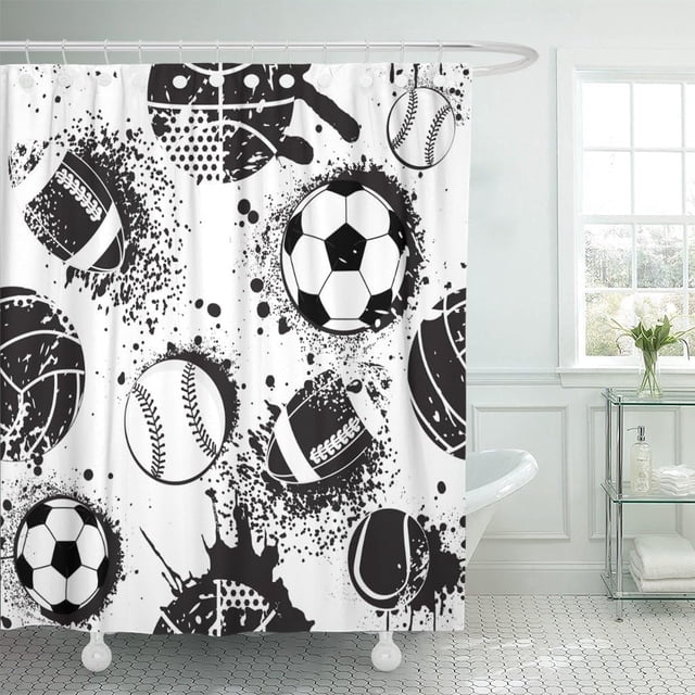 Cortina de ducha abstracta para niños, diseño de fútbol, deporte urbano con balón, colores blanco y negro, grunge oscuro repetido, tela de poliéster impermeable, 36 x 72 pulgadas, juego con ganchos