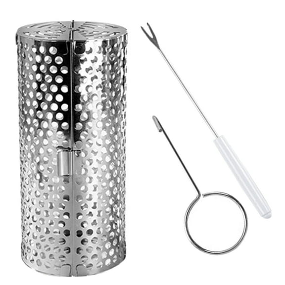 Rolling Barbecue Cage Set Stainless Steel BBQ Grill Roaster with Hooks and Fork Barbecue Mesh Basket for Outdoor Grilling and Cooking