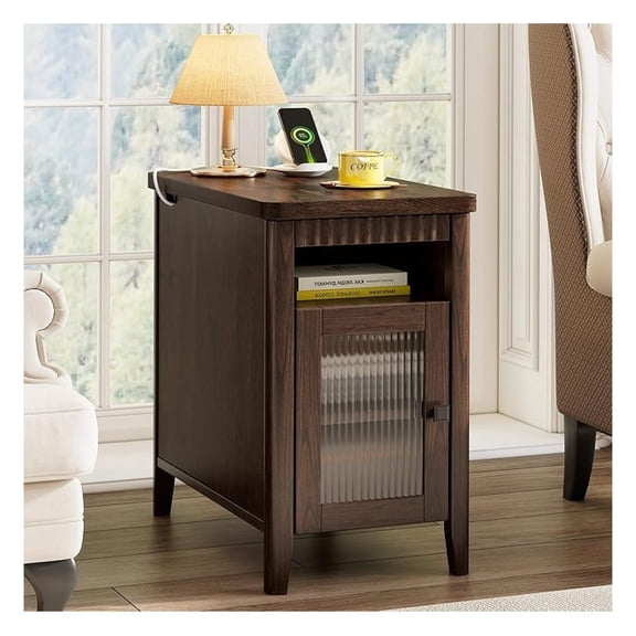 End Table with Charging Station, Narrow Side Table for Living Room, Farmhouse Night Stand with Storage Cabinet, Wood Bedside Table for Bedroom Small Space, Walnut