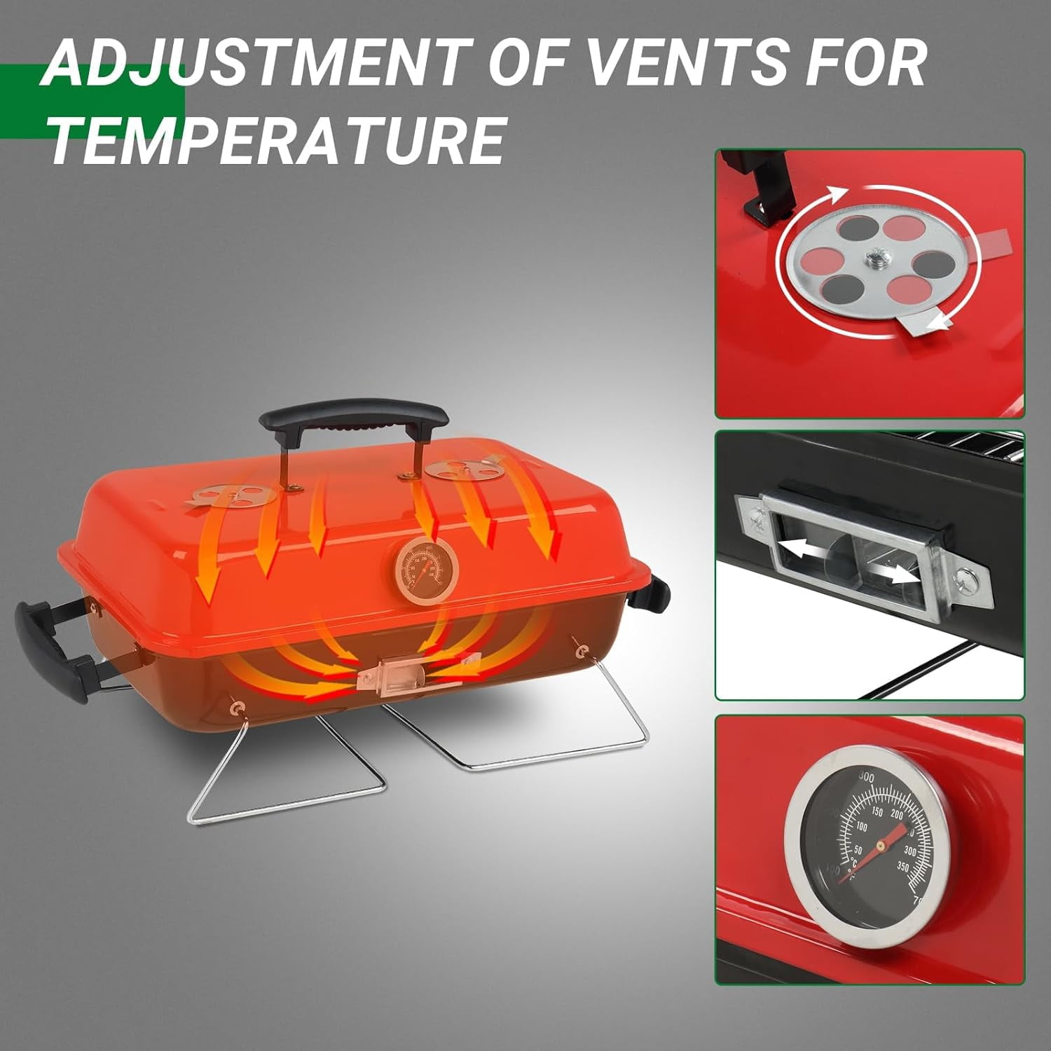 20'' Portable Charcoal Grill with Thermometer & Handle, Metal Compact Tabletop BBQ Grill, Outdoor Cooking Barbecue for Camping Travel Picnic Patio