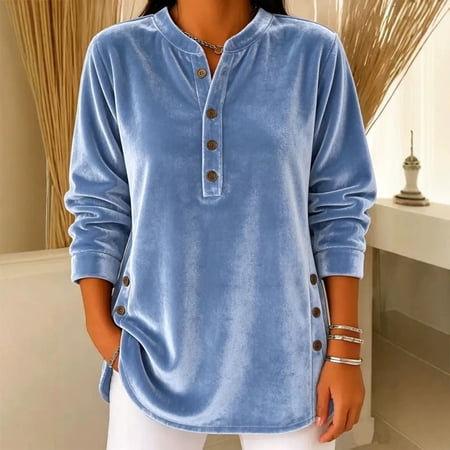 Morttic Women's Long Sleeve Side Button Decor Loose Casual Blouse – Fall Winter Outfit for Weekend Trip & Daily Street Wear Blue，S