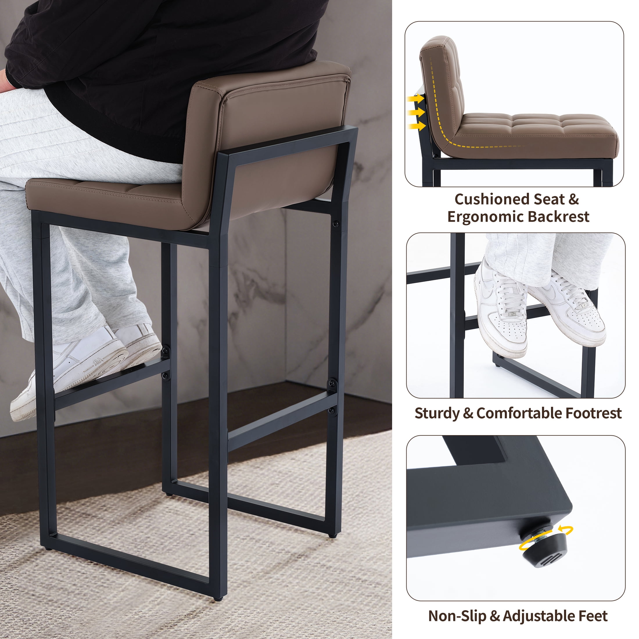 FIRAVOE Bar Stools Set of 3, Counter Height Bar Stools (Low Back)(Thickened Frame) 26" PU Leather Barstools Bar Chairs for Kitchen Island, Coffee Brown
