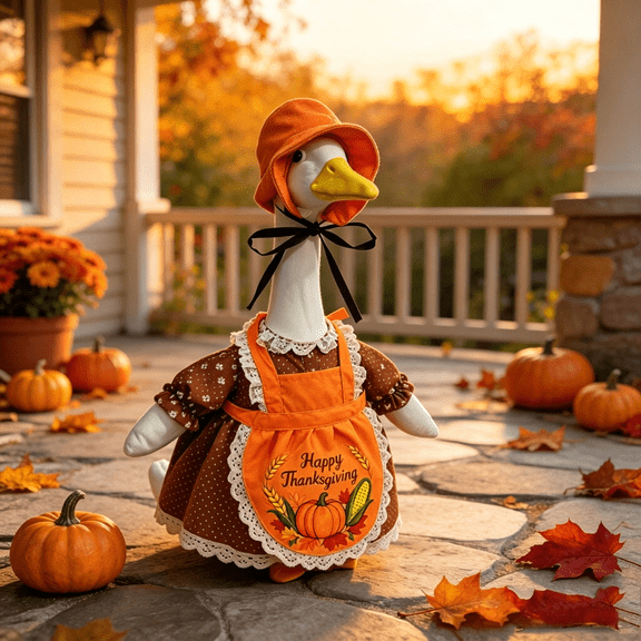 RUINIXCW Fall Thanksgiving Porch Goose Outfit for 23 inch Cement Plastic Goose Statue Accessories Holiday Porch Goose Clothes Apron Dress Bow Hat Yard Patio Lawn Art Decor (No Goose)