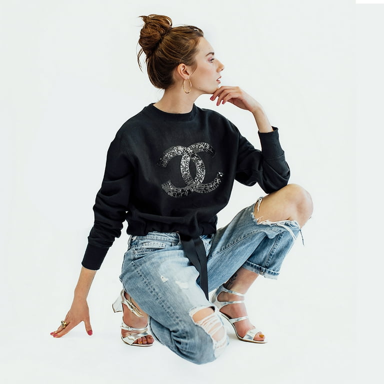 Cropped Champion Sweatshirt with Chanel Sequin Patchwork and Drawstring Hem  with Bow 