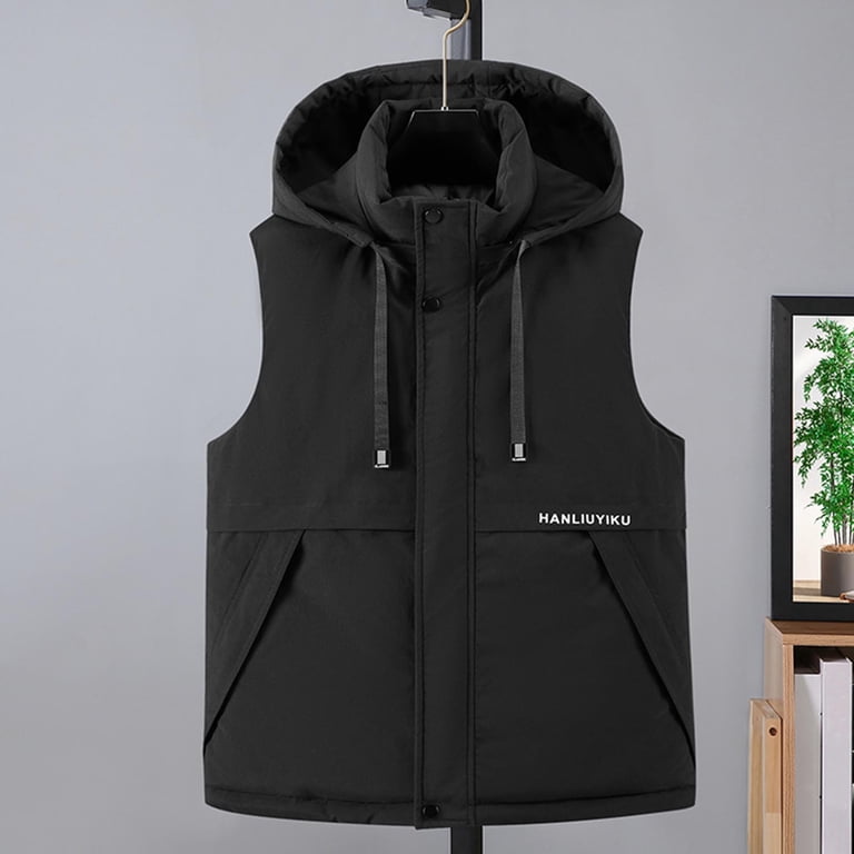 Stamzod Mens Black Vest with Hood Winter Solid Color Oversized
