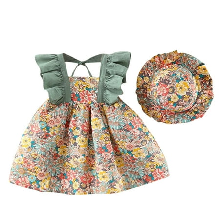 

nsendm Imported Dresses Hat Dress Floral Girls Suspenders Princess Baby Outfits Infant Clothes Girls Midi And Dresses Green 2-3 Years