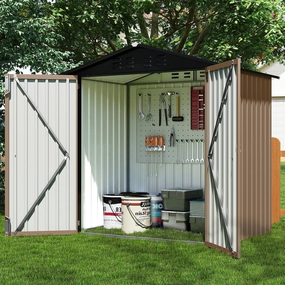 JINSEED 6x4ft Outdoor Metal Storage Shed, Garden Tool Shed with Lockable Doors for Patio, Backyard, Poolside, Brown