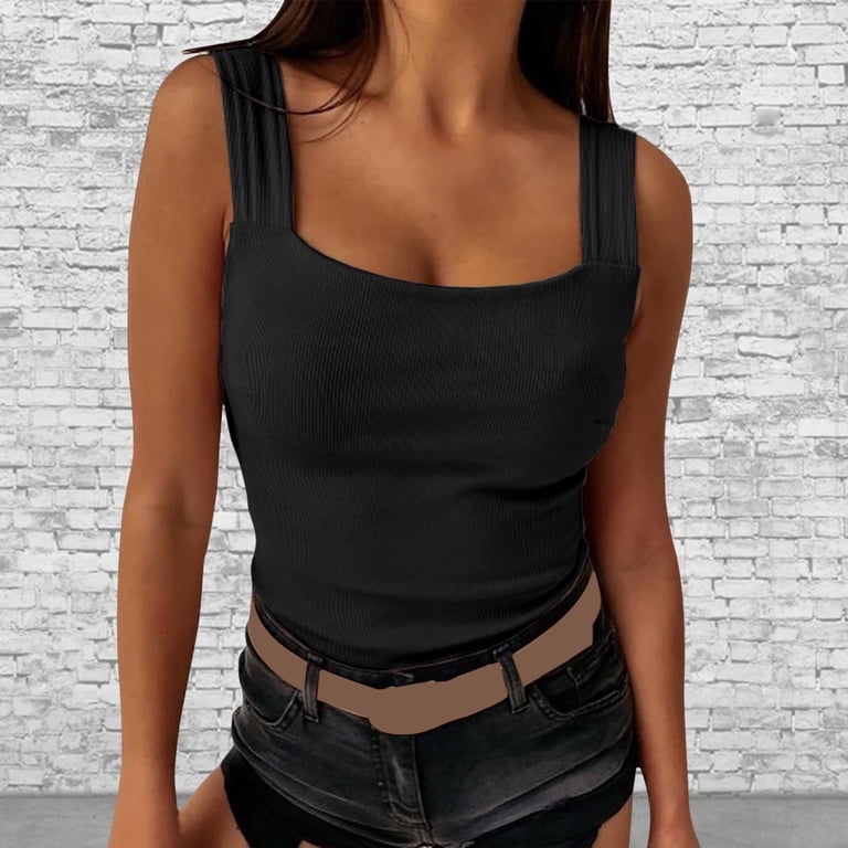 リミフゥ　20/-C Plain Stitch Chest Slit Tank KBZDBZC Tank Tops for Women Slim Female Low Cut Square Neck Tank