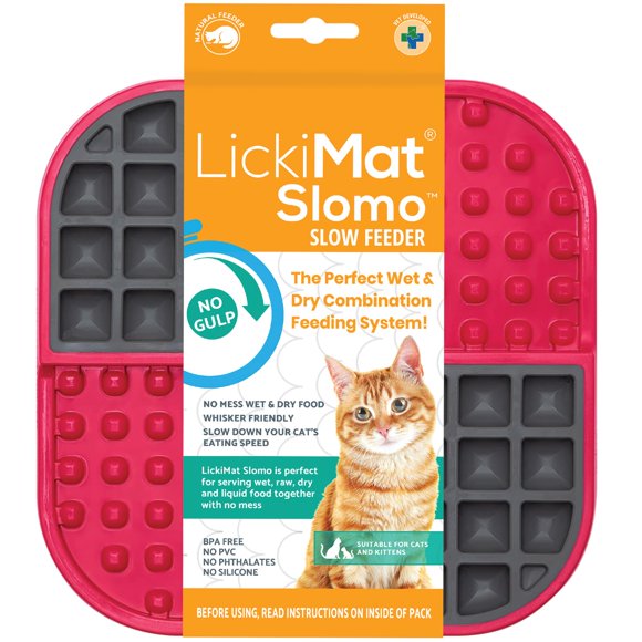 LickiMat Slomo, Cat Slow Feeder Lick Mat, Boredom Anxiety Reducer; Perfect for Food, Treats, Yogurt, or Peanut Butter. Fun Alternative to a Slow Feed Cat Bowl or Dish, Red