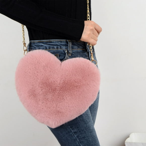 Heart Shaped Crossbody Bag with Chain Strap, Cute Zip Closure Shoulder Handbag for Women, Soft Faux Purse Lined Synthetic Material Fashion Gift, Pink