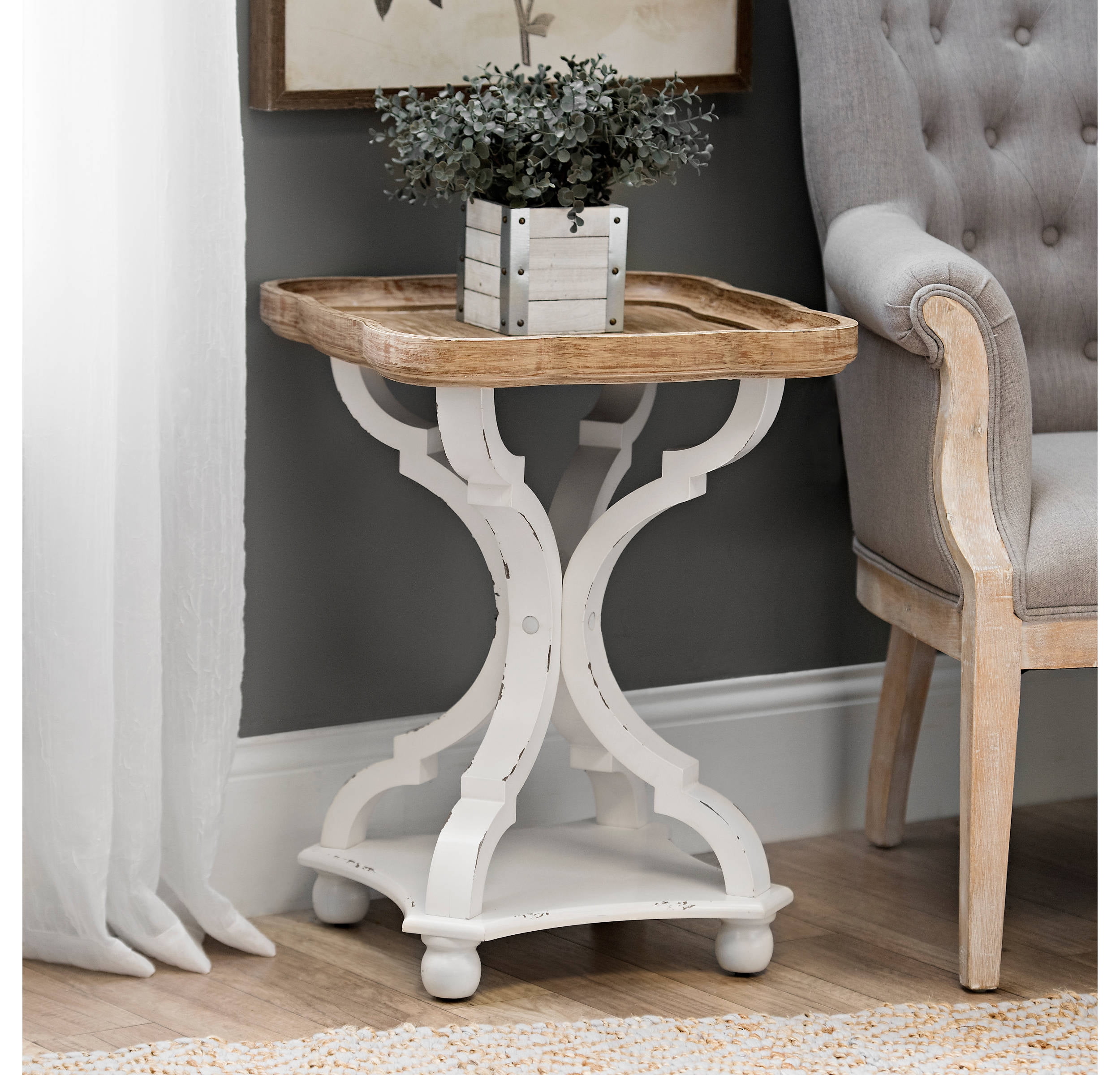 End Table Sofa Side Accent Display Shelves Farmhouse Rustic Distressed White NEW 