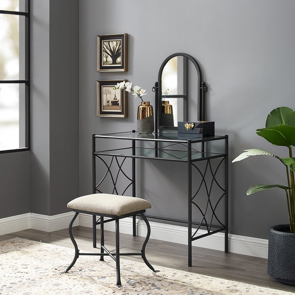 Mainstays Lattice Metal And Glass Vanity Set With Shelf And Upholstered Stool