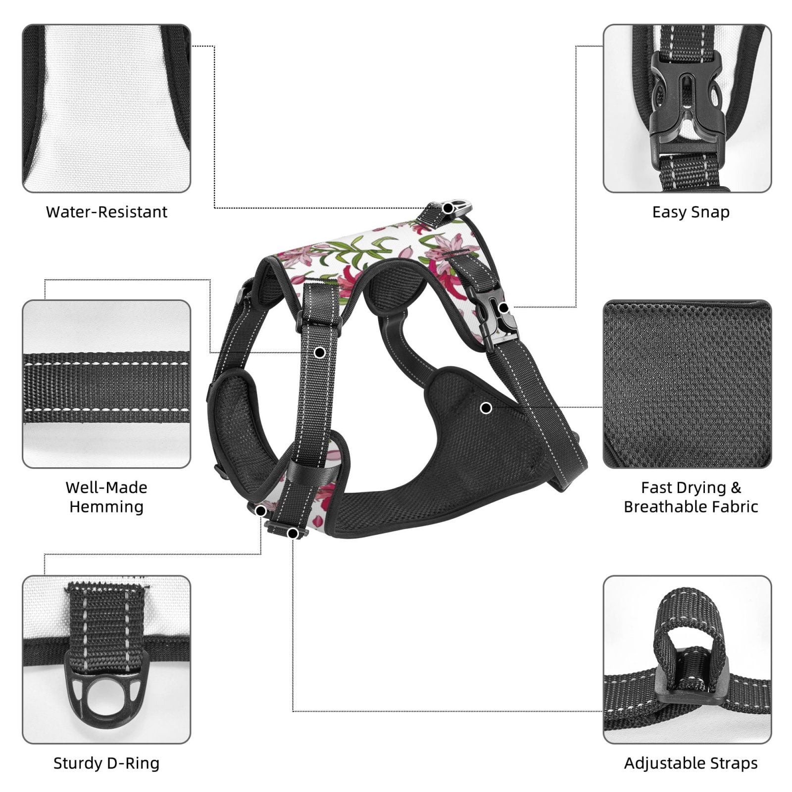 Kdxio Lilies Flowers Print No Pull Dog Harness Adjustable Reflective Oxford Easy Control Medium Large Dog Harness for Training and Everyday-X-Large