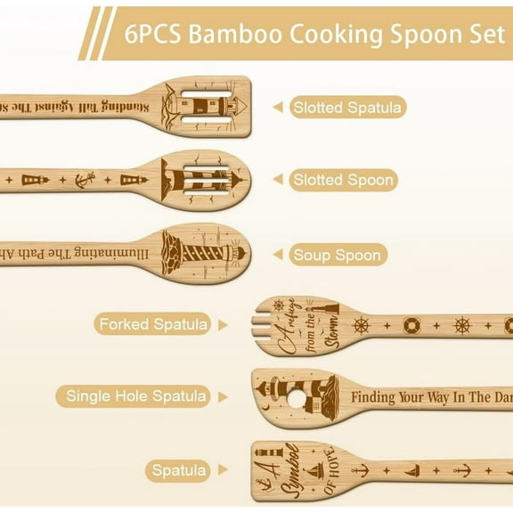 6Pcs Summer Lighthouse Bamboo Cooking Utensils Seagull Wooden Engraved Cooking Spoons Set Carving Kitchen Bamboo Spatula Set Wood Cooking Spoon for Kitchen House Warming Gift
