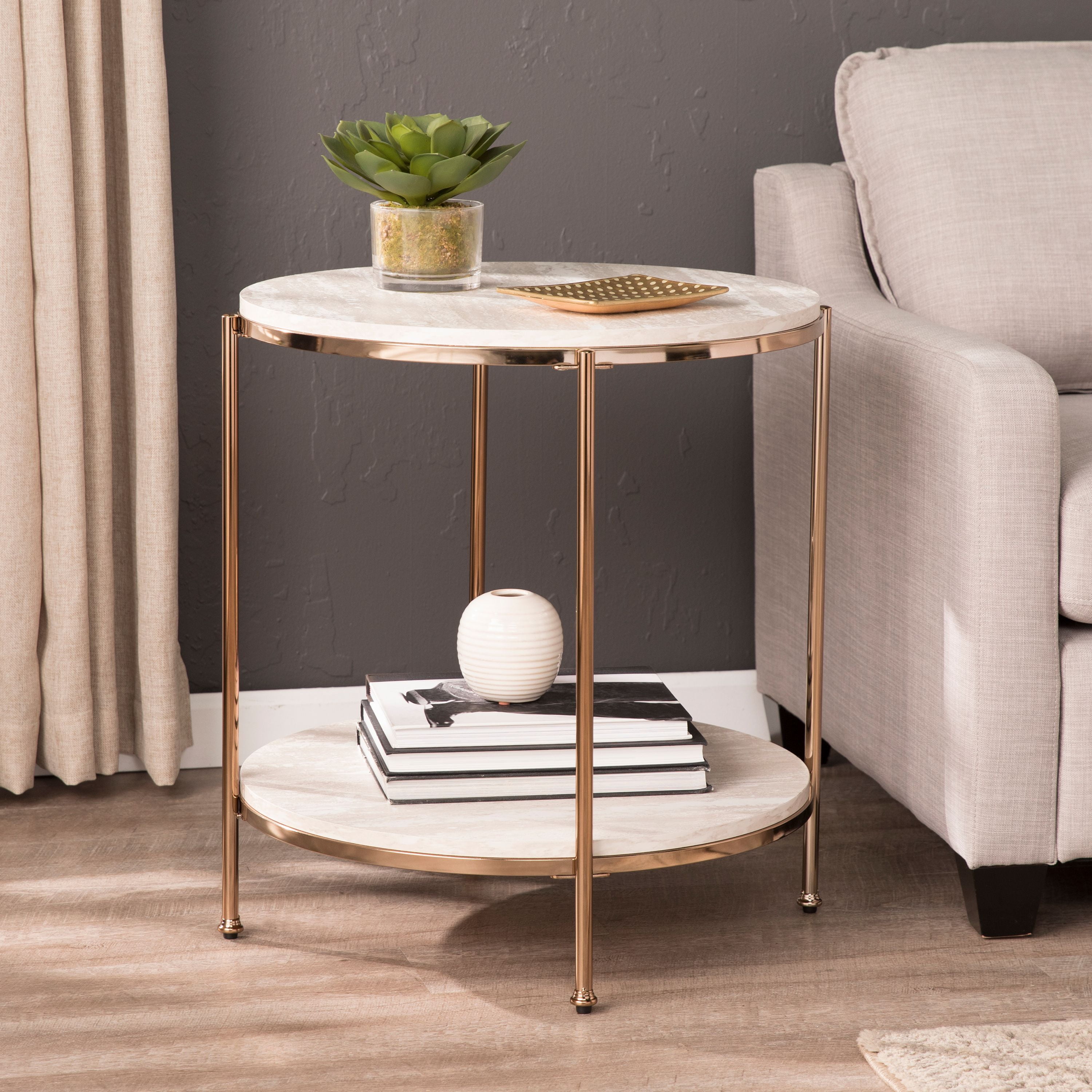 Solstone Round Faux Stone End Table, Glam, Champagne, Faux Travertine
