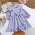 thumbnail image 5 of Girls Ruffle Dress Long Sleeve Crewneck Waist Belt Dress Kids Solid Color Casual Comfortable Outfits for Daily Wear Purple 3-4 Years, 5 of 7