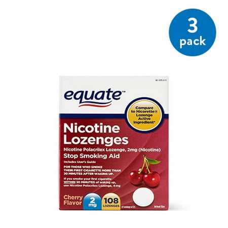 (3 Pack) Equate Nicotine Lozenges Stop Smoking Aid Cherry Flavor, 2 mg, 108