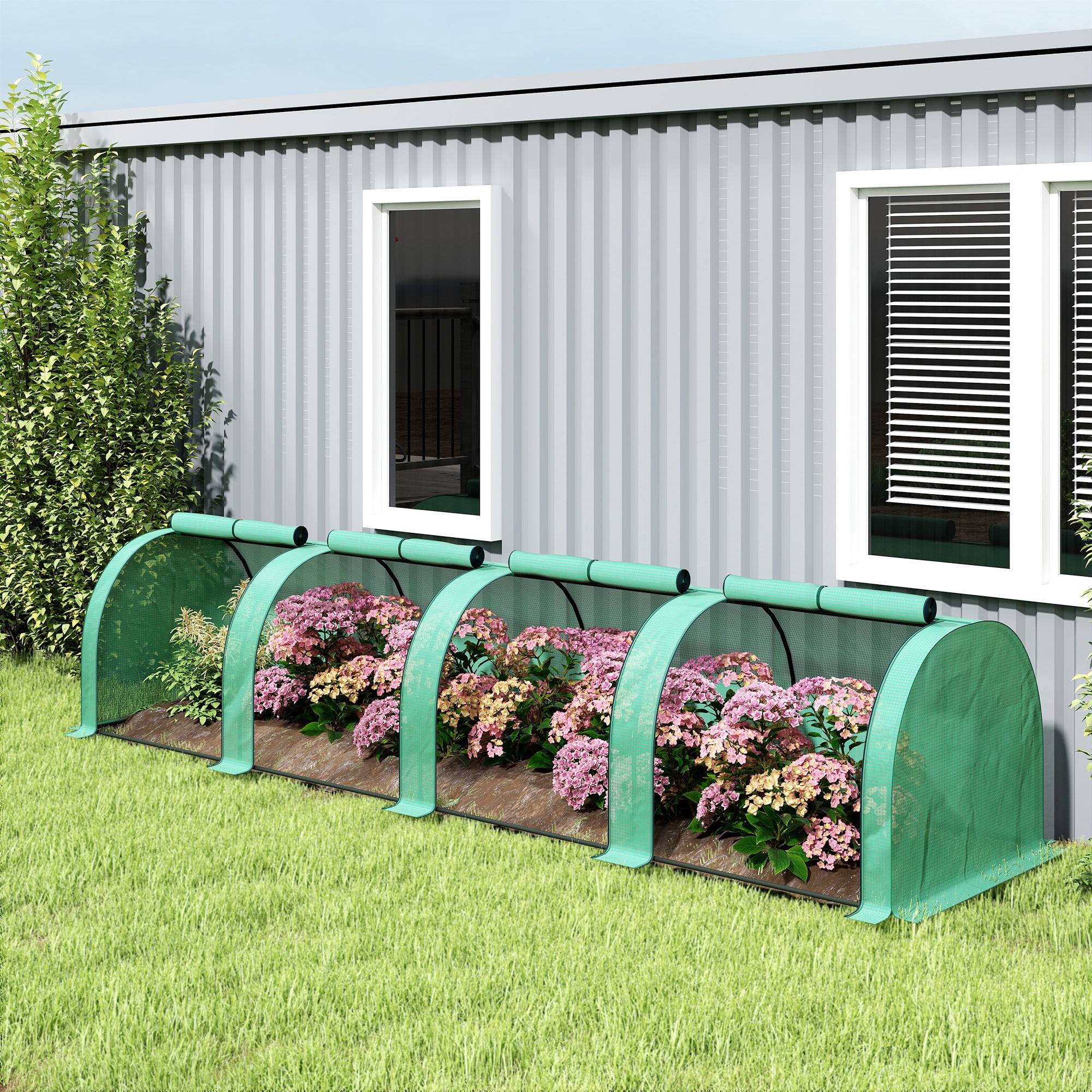 Outsunny Mini Greenhouse, 13' x 3' x 2.5' Portable Tunnels, 4 Roll-Up Zip Doors, UV Waterproof PE Cover, Steel Frame, Green