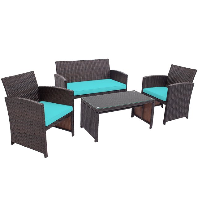 Patiojoy Ensemble de Meubles de Patio Extérieur 4 Pcs Canapés en Rotin Résistants aux Intempéries avec Coussin Doux Turquoise