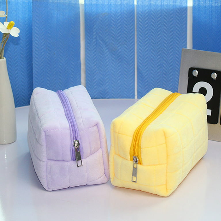 Cosmetic Bag Multifunctional Soft Plush Fluffy Large Capacity Zipper  Closure Store Cosmetics Solid Color Women Travel Make Up Toiletry Bag  Washing Pouch for Trip,Yellow 