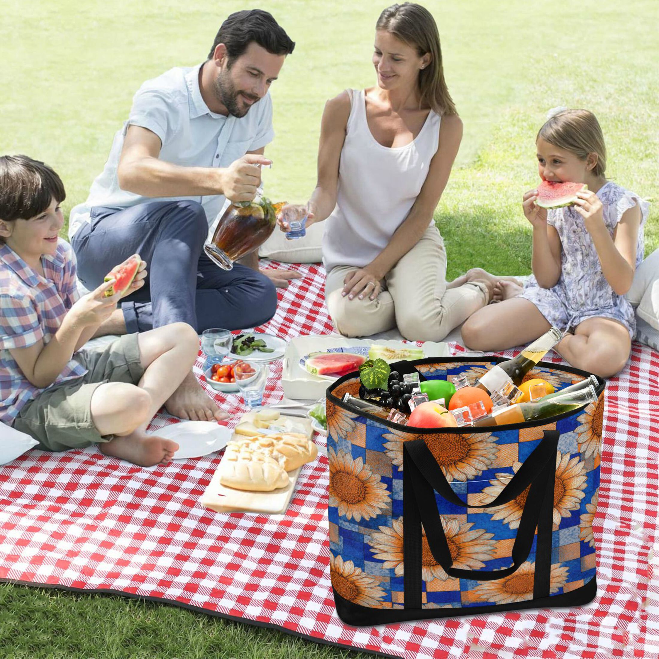 Extra-Large Wide Opening Design Capacity Hand-Held Ice Pack Thickened Insulation Layer For Long-Lasting Cold Retention For Outdoor Shopping Picnics And Camping Light Yellow Sunflowers