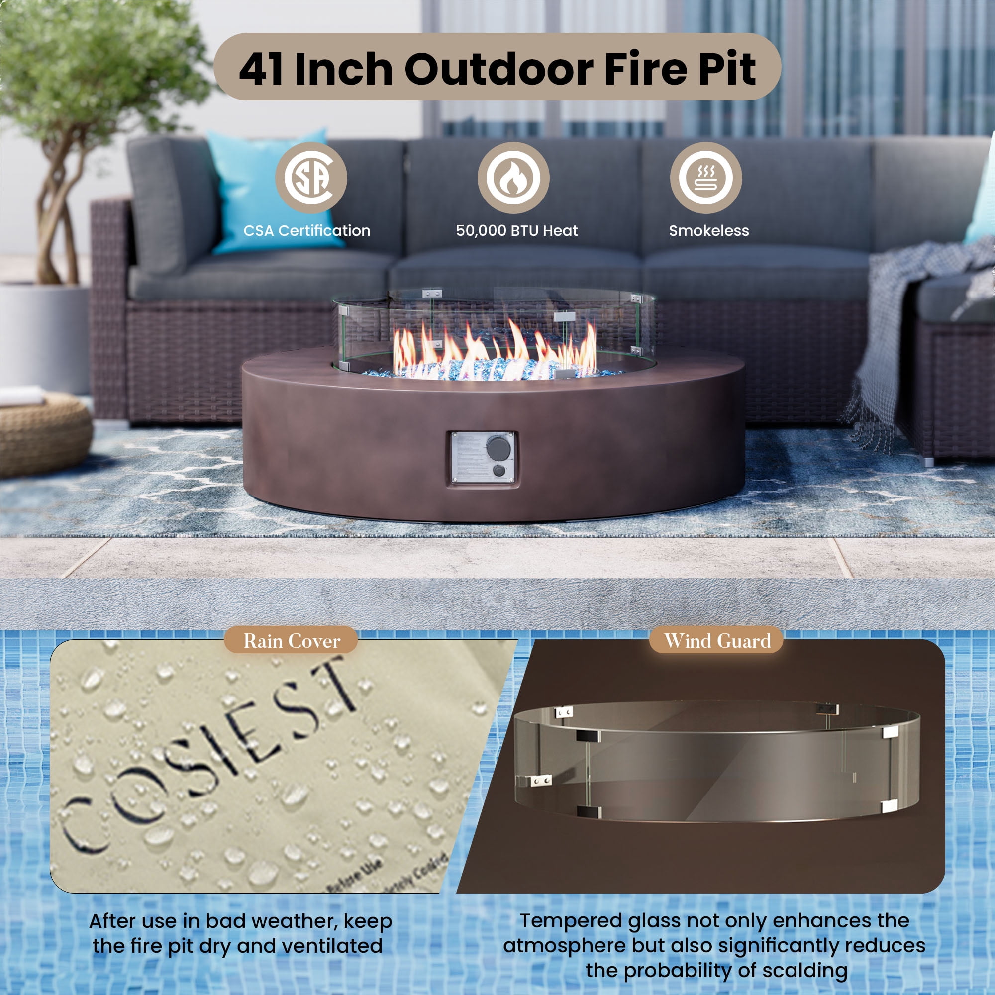 VENTOPYR 41''Round Fire Pit Table,50000 BTU Outdoor Propane Patio Fire Pit