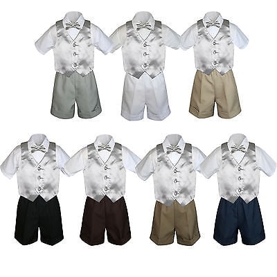 

4pc Set Boy Toddler Formal Silver Vest and Bow tie White Black Khaki Shorts S-4T