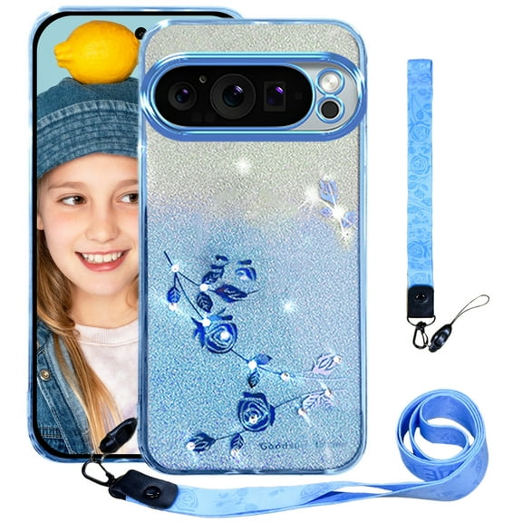 CCSmall for Google Pixel 9 Pro Bling Case Crossbody Lanyard for Woman Girls, Glitter Diamond Flower Shoulder Strap Wristband Cute Sparkle Protective Case Cover for Google Pixel 9 YSH Blue