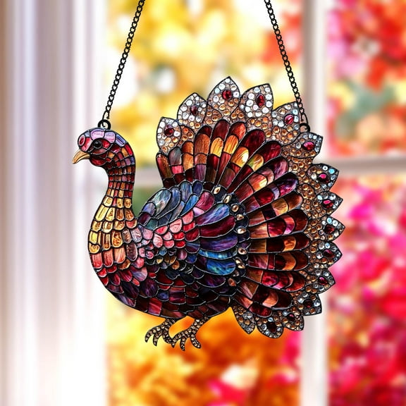 Colorful Harvest Turkey Acrylic Window Hanging – Faux Stained Glass Thanksgiving Suncatcher With Vibrant Feathers And Autumn Home Decor 4346747467 4940