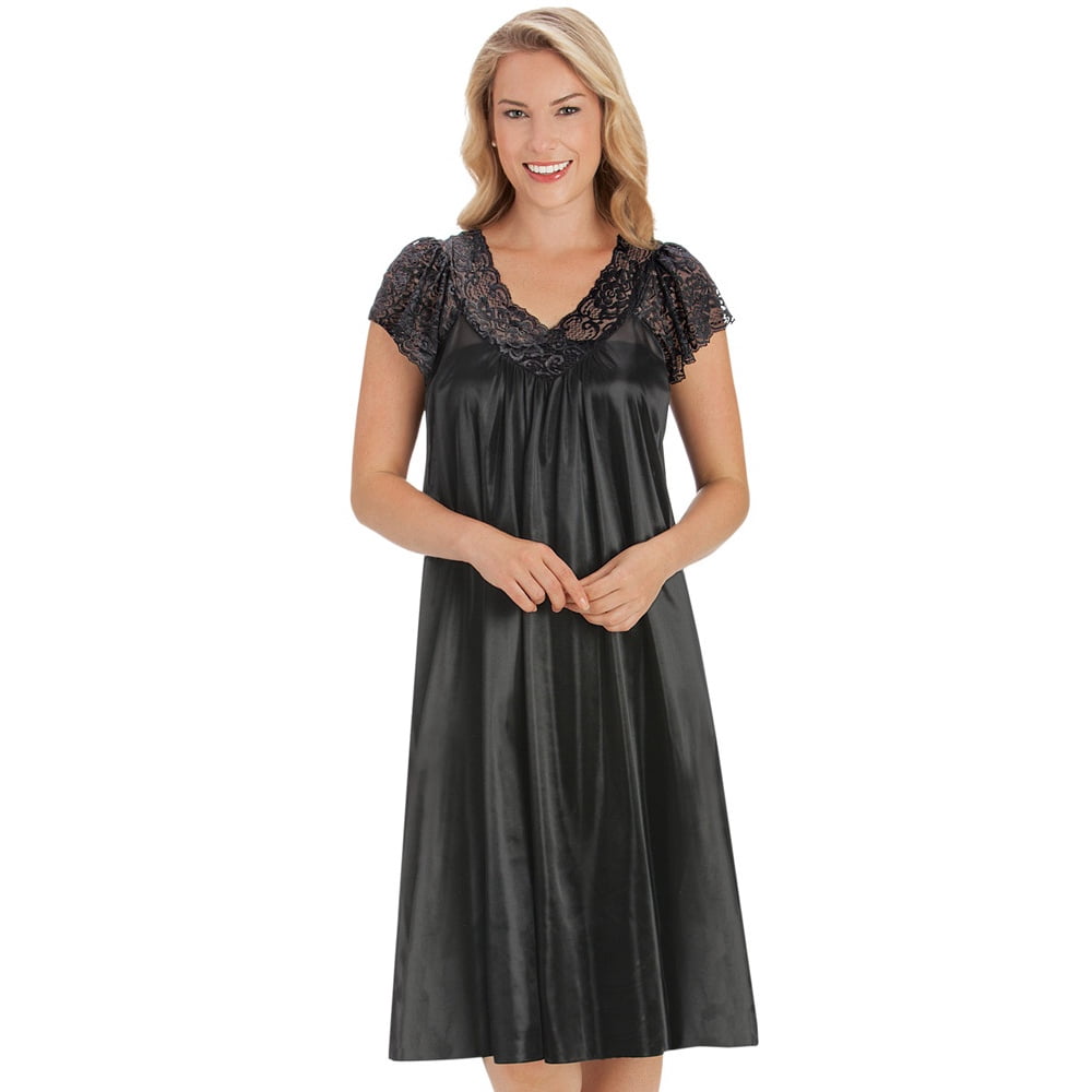 Collections Etc. - Silky Lace Trim V-Neckline Knee-Length Nightgown with Flutter Lace Sleeves